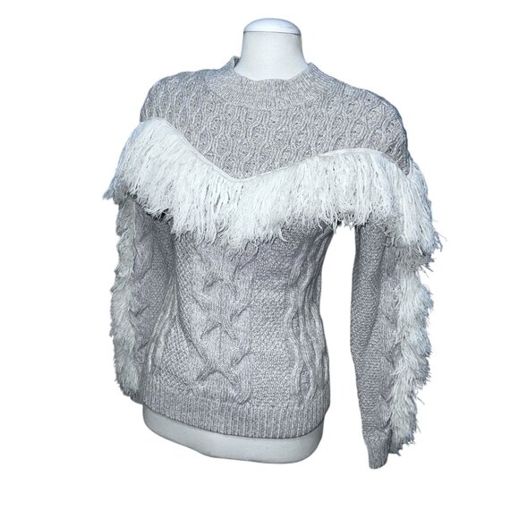 Amur Ulla Fringe Merino Wool Cable Knit Sweater With Fringe Detail Beige Sz Medi - Picture 6 of 15